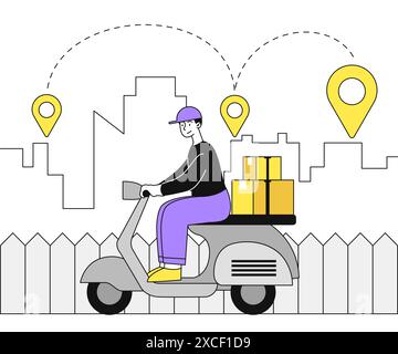 Delivery courier at scooter. Online shopping and home delivery. Man on bike rides with cardboard boxes. Transportation and shipping. Linear flat Stock Vector