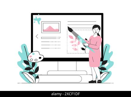 Illustrator artist concept. Woman with brush in her hands near tablet. UI and UX designer with articles and pictures. Graphic designer and freelancer Stock Vector