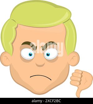 vector illustration face man cartoon blonde eyes, with thumb pointing down in concept of not approved or no like Stock Vector