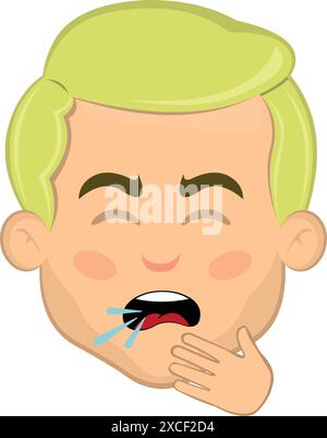 vector illustration face man cartoon blonde, coughing with your hand in your mouth Stock Vector