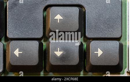 Simple arrow keys small 4 directional arrow key buttons on a laptop computer keyboard, top down table top view, from above, nobody. Different directio Stock Photo