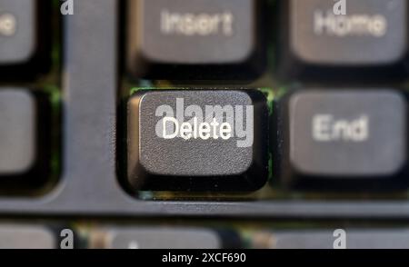 Focus on a single Delete key on a laptop computer keyboard top down view from above, macro detail, extreme closeup, nobody. File deletion, deleting an Stock Photo
