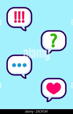 A set of messages. Love message. Various notifications. Question mark. Exclamation mark. Vector illustration. Stock Vector