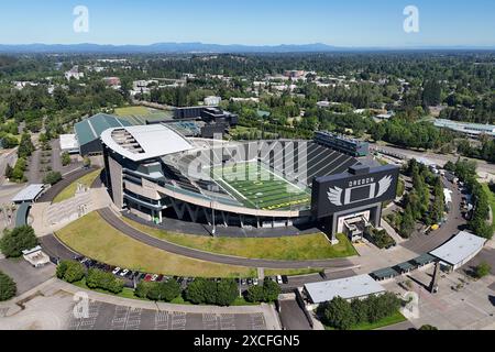 A general overall aerial view of Autzen Stadium on the campus of the University of Oregon, Sunday, June 9, 2024, in Eugene, Ore. Stock Photo