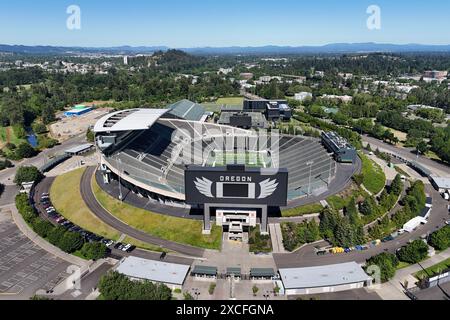 A general overall aerial view of Autzen Stadium on the campus of the University of Oregon, Sunday, June 9, 2024, in Eugene, Ore. Stock Photo