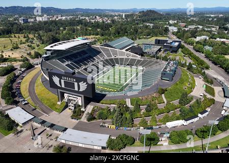 A general overall aerial view of Autzen Stadium on the campus of the University of Oregon, Sunday, June 9, 2024, in Eugene, Ore. Stock Photo