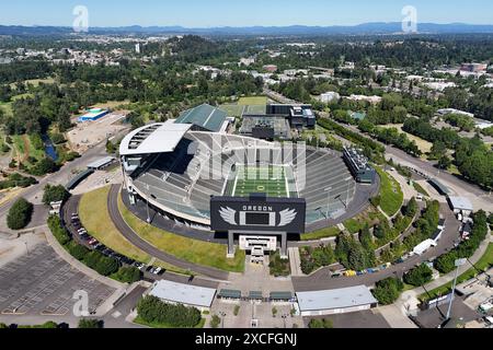 A general overall aerial view of Autzen Stadium on the campus of the University of Oregon, Sunday, June 9, 2024, in Eugene, Ore. Stock Photo