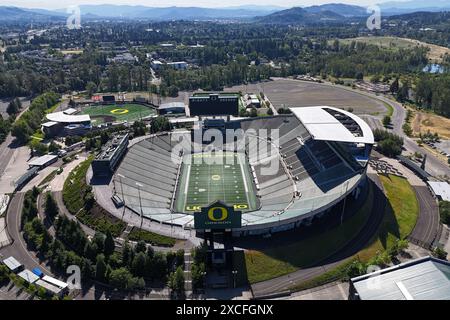 A general overall aerial view of Autzen Stadium on the campus of the University of Oregon, Sunday, June 9, 2024, in Eugene, Ore. Stock Photo