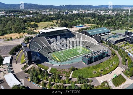 A general overall aerial view of Autzen Stadium on the campus of the University of Oregon, Sunday, June 9, 2024, in Eugene, Ore. Stock Photo