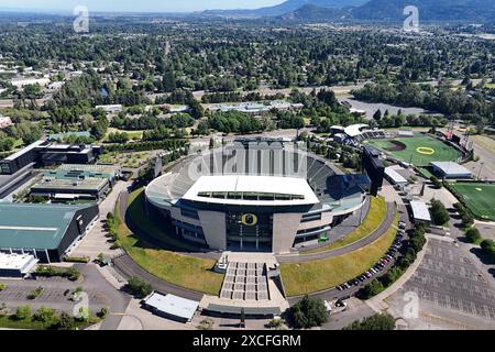 A general overall aerial view of Autzen Stadium on the campus of the University of Oregon, Sunday, June 9, 2024, in Eugene, Ore. Stock Photo