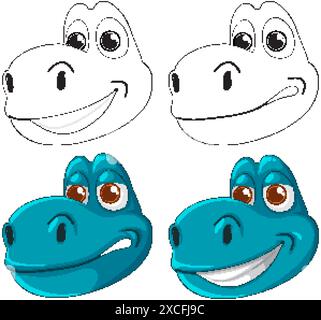 Four cartoon dinosaur faces with different expressions Stock Vector