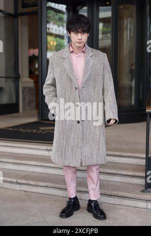 Milan, Italy. 16th June, 2024. Kentaro Sakaguchi in Prada outfit is spotted in front of Hotel Palazzo Parigi during Milan Fashion Week Men's Collection S/S 2025 on June 16, 2024 in Milan, Italy. Photo by Marco Piovanotto/ABACAPRESS.COM Credit: Abaca Press/Alamy Live News Stock Photo