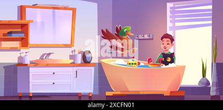 Kid boy in bathroom bathe cat and duck with toys in tub with water and foam. Cartoon vector sink, mirror and furniture, window with blinds in home toilet room. Child with kitty and bird pets have fun. Stock Vector