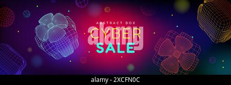 Wireframe gift boxes flying on bokeh background. Vector realistic illustration of futuristic 3d balls and present packages decorated with ribbon bows, holiday discount or cyber sale flyer design Stock Vector