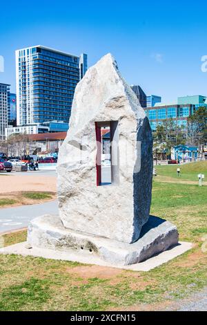 Passage sculpture view of downtown at the waterfront boardwalk in Halifax, Nova Scotia, Canada Stock Photo