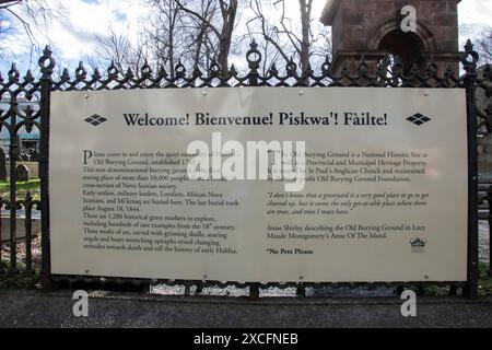 Welcome to the Old Burying Ground cemetery on Barrington Street in downtown Halifax, Nova Scotia, Canada Stock Photo