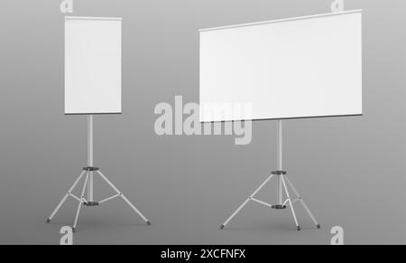 Set of whiteboards on tripod stands isolated on background. Vector realistic illustration of easel with blank rectangular sheet for business presentation, white flipchart mockup, projector canvas Stock Vector