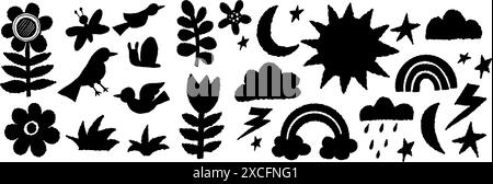 Texture chalk hand drawn nature drawings set. Flowers, plants, birds, weather signs and symbols. Vector illustration. Isolated black elements doodles Stock Vector