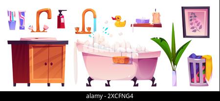 Bathroom interior with sink and furniture cartoon illustration. Cute home bath room set and personal hygiene element equipment. Isolated clean body item and duck in clear indoor vintage hotel Stock Vector