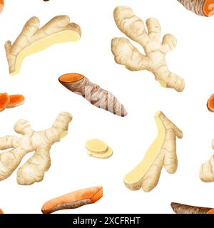 Ginger and turmeric roots with slices watercolor seamless pattern on white background. Raw curcumin vegetables herb Stock Photo