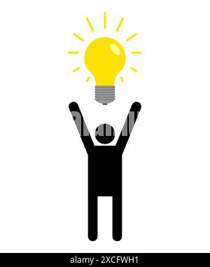 Man holds light bulb above his head. Concept find an idea Stock Vector