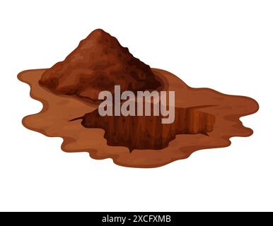Deep hole in the ground with grass and stones. Brown soil, large cracks and ruins. Digging of sand coal waste rock. Detailed drawing in cartoon style Stock Vector