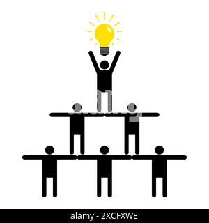 Team decision. Team holds  light bulb above their heads. Concept of finding an idea in a team Stock Vector