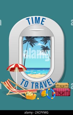 Time to travel airplane window porthole view Stock Vector