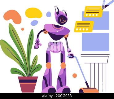 Robot Cleaning Home Modern Scene Stock Vector