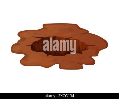 Deep hole in the ground with grass and stones. Brown soil, large cracks and ruins. Digging of sand coal waste rock. Detailed drawing in cartoon style Stock Vector