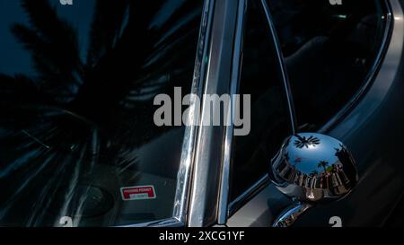 Los Angeles, USA. 16th June, 2024. Palm trees on Rodeo Drive reflected in the windshield and rear view mirror of a vintage car. Classic cars on display at the Rodeo Drive Concours d'Elegance. Credit: Stu Gray/Alamy Live News. Stock Photo