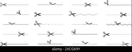 Collection of scissors cutting lines icons. Cut here symbols. Stock Vector