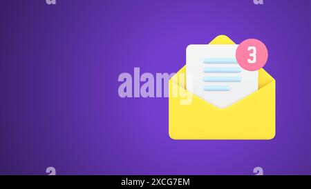 Incoming three message open paper yellow envelope with letter digital alert reminder 3d icon vector illustration. Electronic mail internet marketing d Stock Vector