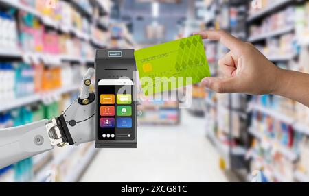 Cashless payment concept with 3d rendering robot hand holding credit card reader with human hand holding credit card Stock Photo