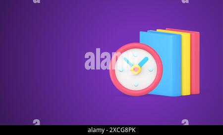 Time to learning book education reading back to school clock countdown with textbook stack realistic 3d icon vector illustration. Academic lesson stud Stock Vector