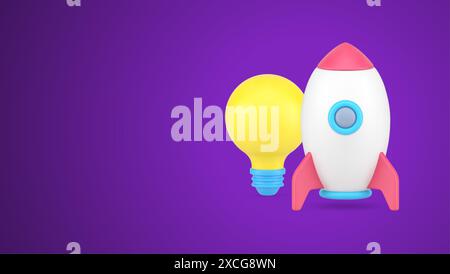 Startup business innovation idea launching spaceship illuminated light bulb 3d icon vector illustration. Brainstorming exploration inspiration rocket Stock Vector