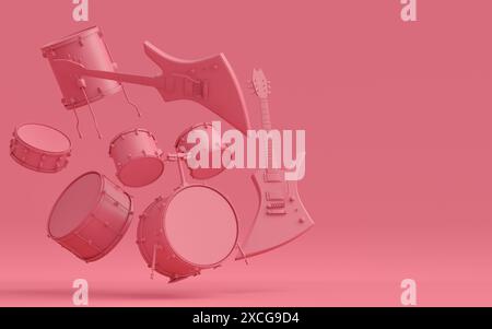 Set of electric acoustic guitars and drums with cymbals on monochrome background Stock Photo