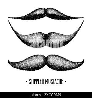 Stippled vintage mustache. Curly facial hair. Hipster beard. Stippling, dot drawing and shading, stipple pattern, halftone effect. Vector illustration Stock Vector