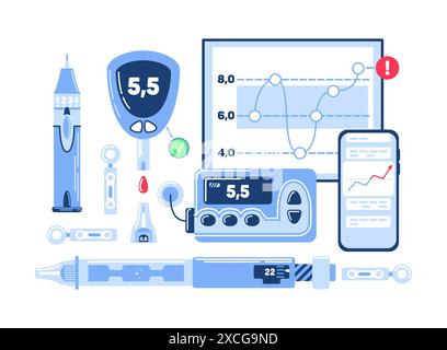 World diabetes day. Independent glucose monitoring system, the sensor sends a signal, application on the phone. Hyperglycemia or hypoglycemia treatmen Stock Vector