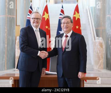 Canberra, Australia. 17th June, 2024. Chinese Premier Li Qiang and Australian Prime Minister Anthony Albanese hold the ninth China-Australia Annual Leaders' Meeting in Canberra, Australia, June 17, 2024. Credit: Wang Ye/Xinhua/Alamy Live News Stock Photo