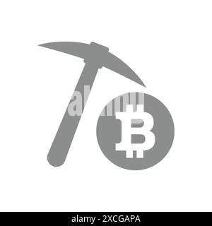 Bitcoin mining vector icon. Coin and pickaxe symbol. Stock Vector