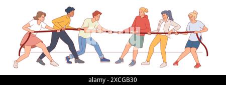 Tug of war. Confrontation between two people groups, rivalry and business competition, guys and girls pulling opposite ends rope, teamwork game Stock Vector