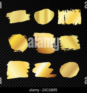 Gold smears on dark transparent background. Set of nine paint brush strokes. Grunge design element. Vector illustration. Stock Vector