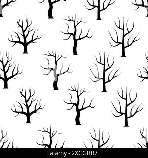 Seamless black and white curved trees without leaves backgrounds. Vector forest seamless texture. Stock Vector