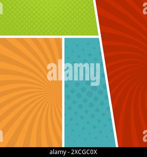 Colorful comic book page background in pop art style. Empty template with rays and dots pattern. Vector illustration Stock Vector