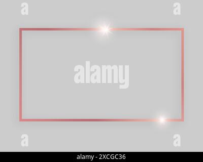 Shiny frame with glowing effects. Rose gold rectangular frame with shadow on grey background. Vector illustration Stock Vector