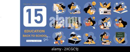 Vector Illustrations Set of Back to School Education Concepts. Featuring Students, Books, Learning Tools, and Classroom Activities. Perfect for Stock Vector