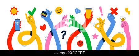 Long stretched hands. Multicolored human arms holding different items, long curved limbs, various gestures and symbols, smartphone, cup of coffee and Stock Vector