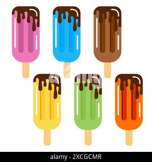 Set of ice cream  with chocolate. Creamy ice cream on a wooden stick Stock Vector