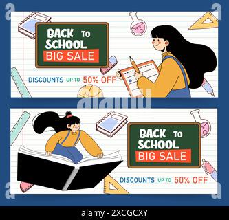 Back to School Big Sale Banner. Discounts Up to 50 percent Off. Colorful Illustrations of Students, School Supplies, and Education Tools. Perfect for Stock Vector